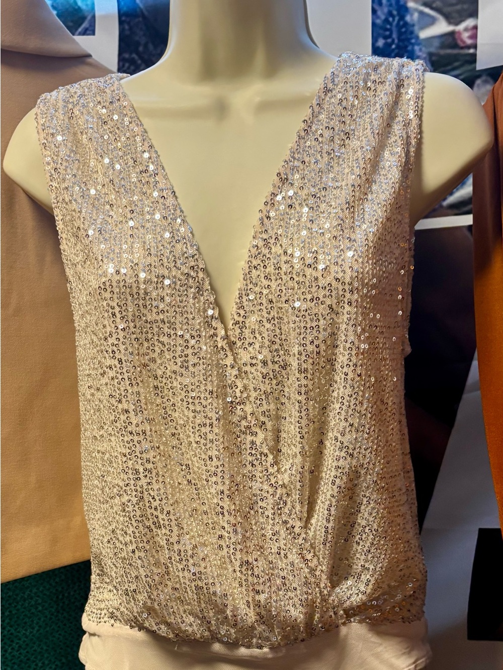 Lulu's Champagne Sequin V-Neck Camisole Bodysuit